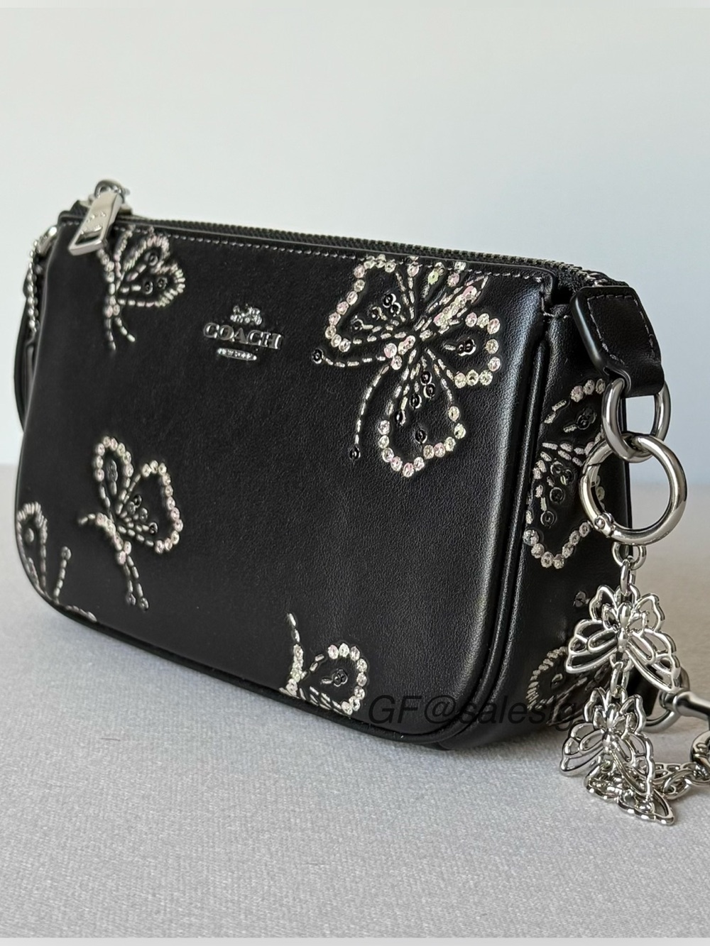 NWT Coach Nolita 19 Sparkly Butterfly Wristlet Small Bag Silver Black +Extender